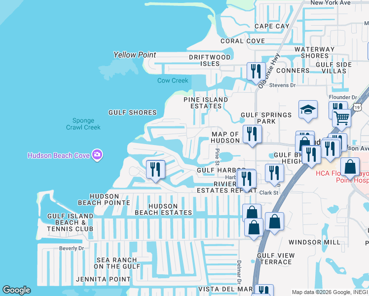 map of restaurants, bars, coffee shops, grocery stores, and more near 14217 Hendry Court in Hudson