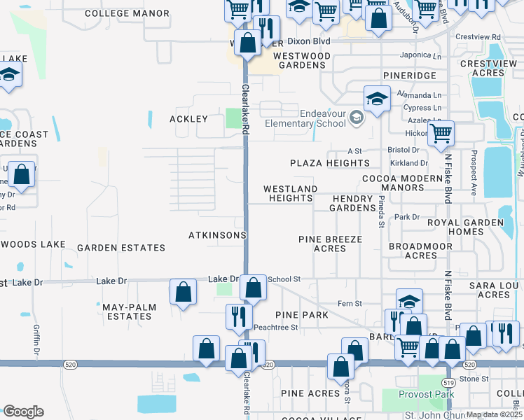 map of restaurants, bars, coffee shops, grocery stores, and more near 1515 Belleview Road in Cocoa