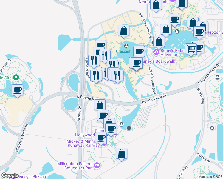 map of restaurants, bars, coffee shops, grocery stores, and more near 1000 Epcot Resorts Boulevard in Orlando