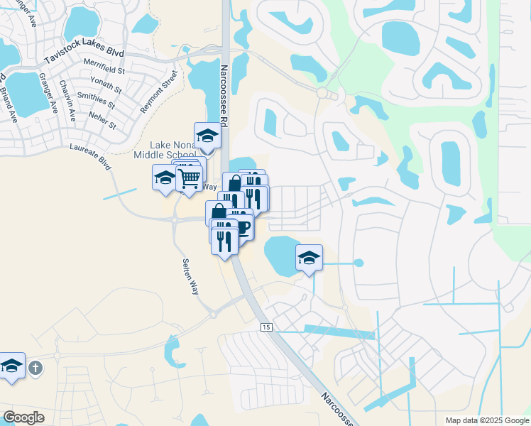 map of restaurants, bars, coffee shops, grocery stores, and more near 10011 Eagle Creek Center Boulevard in Orlando