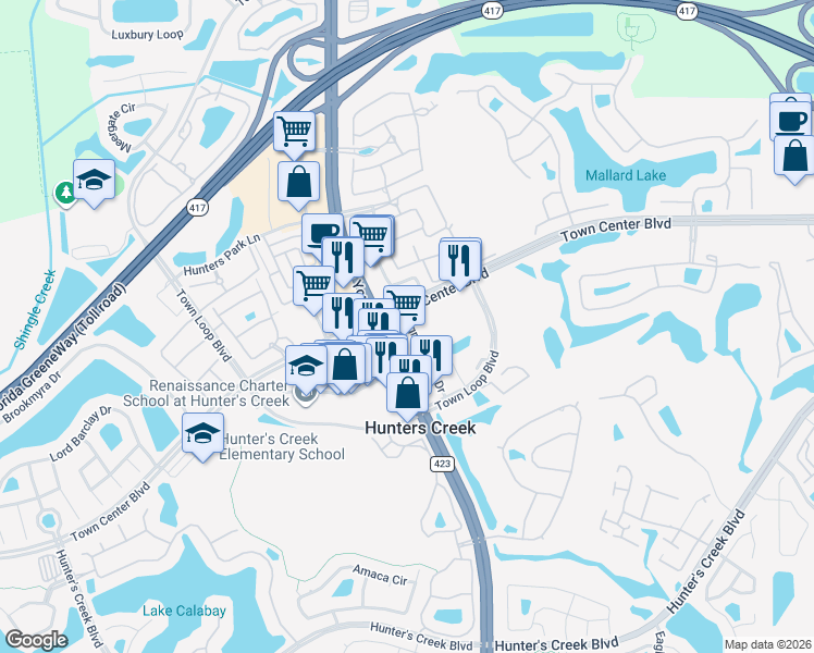 map of restaurants, bars, coffee shops, grocery stores, and more near 13938 Egret Tower Drive in Orlando