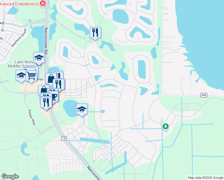 map of restaurants, bars, coffee shops, grocery stores, and more near 15663 Henbury Street in Orlando
