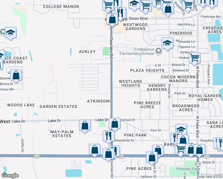 map of restaurants, bars, coffee shops, grocery stores, and more near 698 Clearlake Road in Cocoa