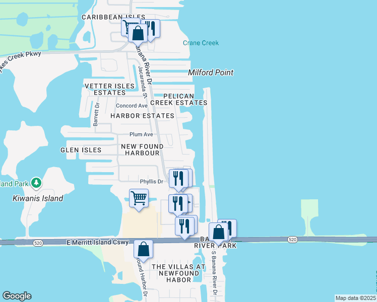 map of restaurants, bars, coffee shops, grocery stores, and more near 1725 Poinciana Court in Merritt Island