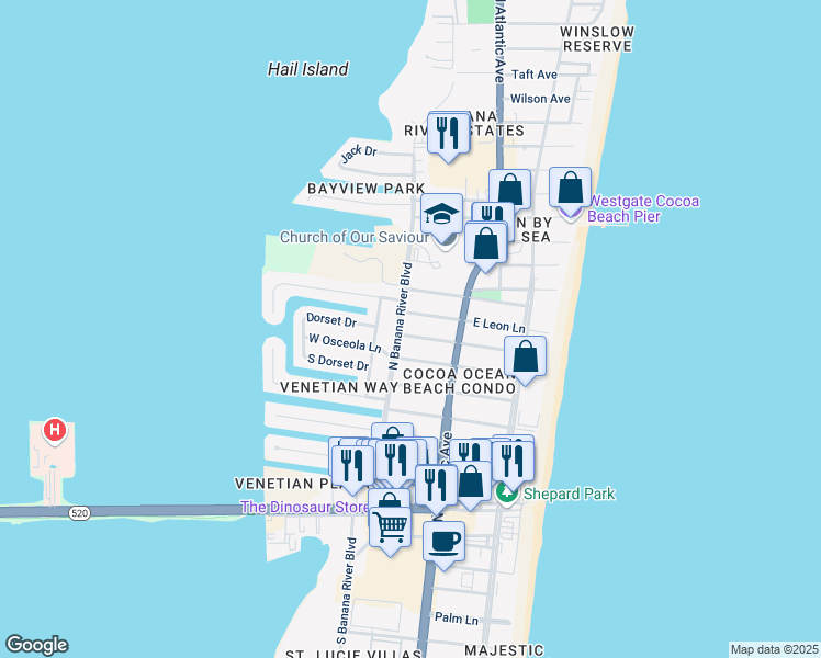 map of restaurants, bars, coffee shops, grocery stores, and more near 131 West Pasco Lane in Cocoa Beach