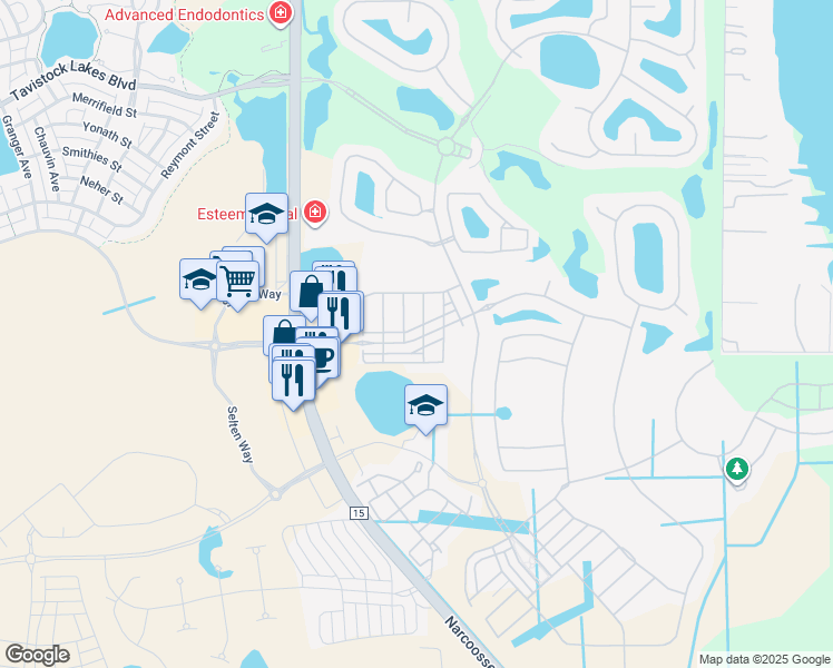 map of restaurants, bars, coffee shops, grocery stores, and more near 10046 Eagle Creek Center Boulevard in Orlando