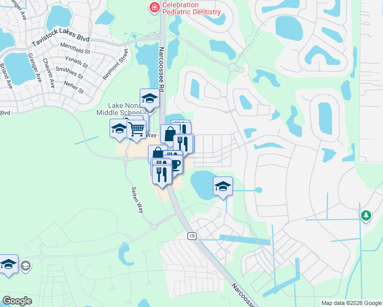 map of restaurants, bars, coffee shops, grocery stores, and more near 9938 Eagle Creek Center Boulevard in Orlando