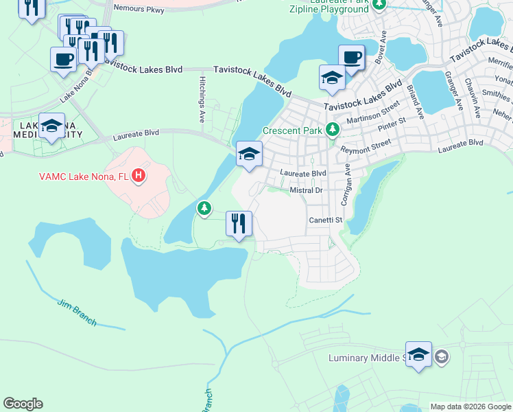 map of restaurants, bars, coffee shops, grocery stores, and more near 14043 Centerline Drive in Orlando