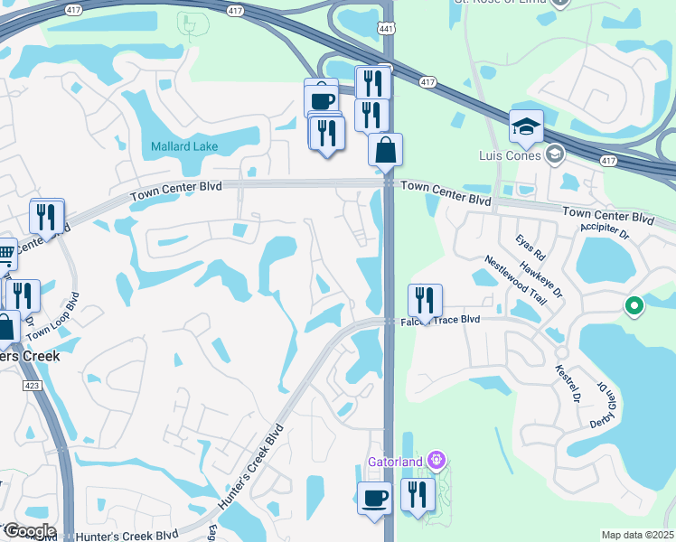 map of restaurants, bars, coffee shops, grocery stores, and more near 14049 Fairway Island Drive in Orlando