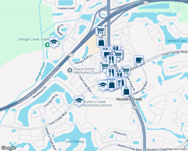 map of restaurants, bars, coffee shops, grocery stores, and more near 12021 Villanova Drive in Orlando