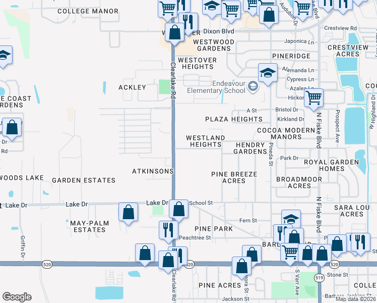 map of restaurants, bars, coffee shops, grocery stores, and more near 1515 Belleview Road in Cocoa