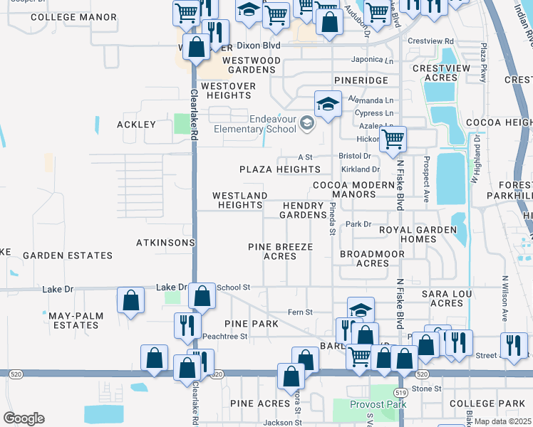 map of restaurants, bars, coffee shops, grocery stores, and more near 1352 Allen Street in Cocoa