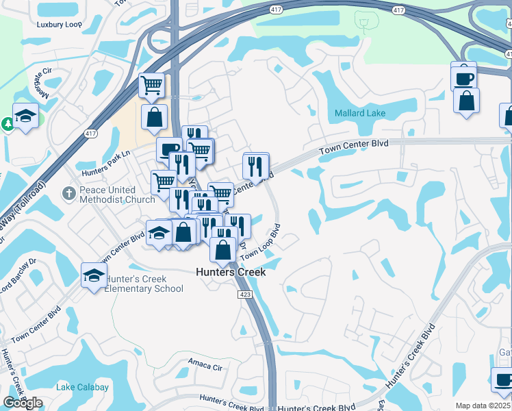 map of restaurants, bars, coffee shops, grocery stores, and more near 14115 Town Loop Boulevard in Orlando