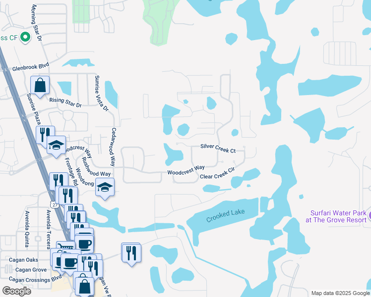 map of restaurants, bars, coffee shops, grocery stores, and more near 1143 Clear Creek Circle in Clermont