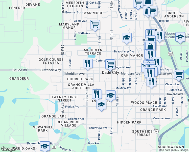 map of restaurants, bars, coffee shops, grocery stores, and more near 37247 Church Avenue in Dade City