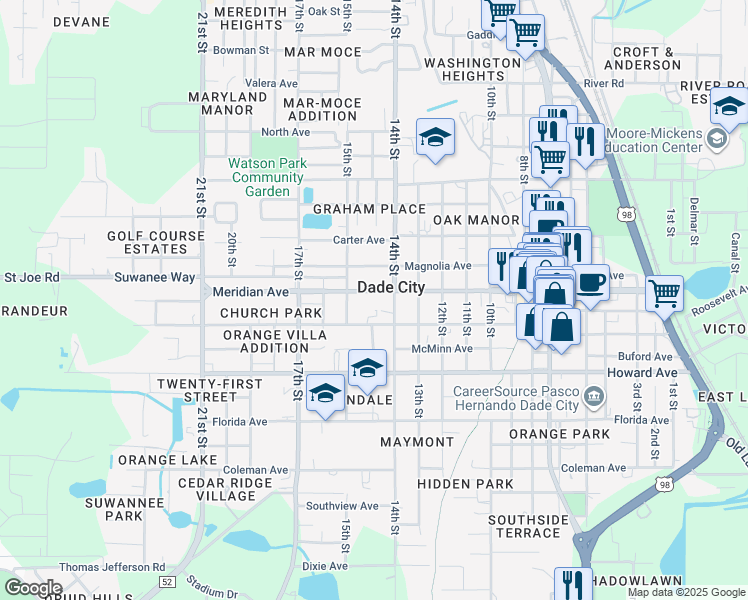 map of restaurants, bars, coffee shops, grocery stores, and more near 37403 Church Avenue in Dade City