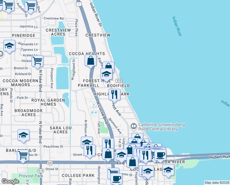 map of restaurants, bars, coffee shops, grocery stores, and more near 16 Olive Street in Cocoa