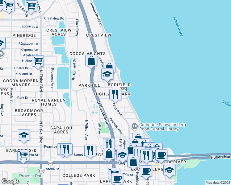 map of restaurants, bars, coffee shops, grocery stores, and more near 802 Forrest Avenue in Cocoa