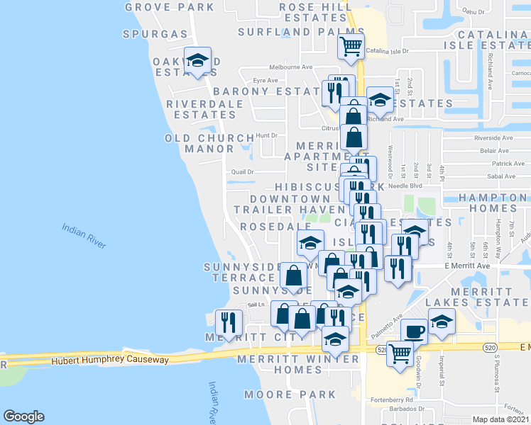 map of restaurants, bars, coffee shops, grocery stores, and more near 260 Linda Avenue in Merritt Island