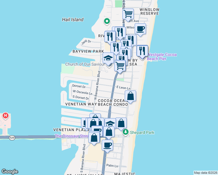 map of restaurants, bars, coffee shops, grocery stores, and more near 113 West Leon Lane in Cocoa Beach