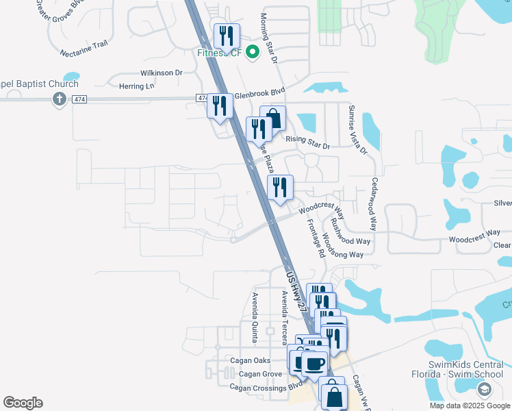 map of restaurants, bars, coffee shops, grocery stores, and more near 1213 US Highway 27 in Clermont