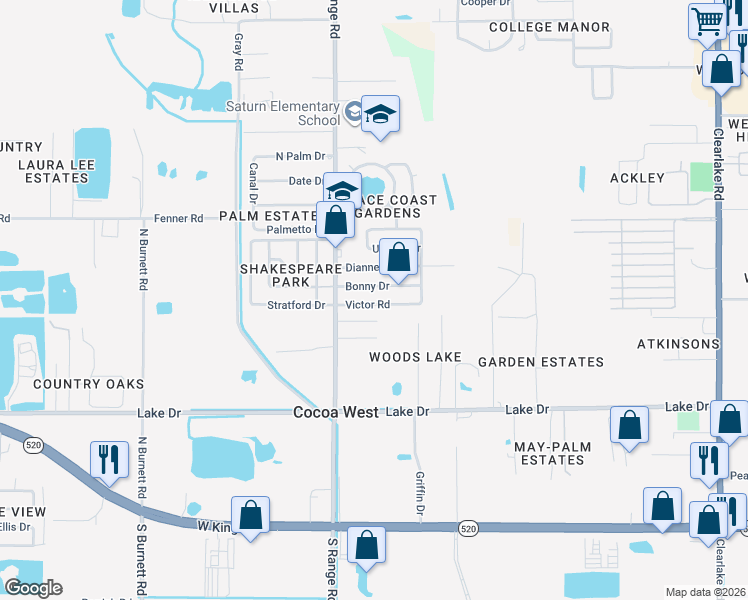 map of restaurants, bars, coffee shops, grocery stores, and more near 2484 Bonny Drive in Cocoa