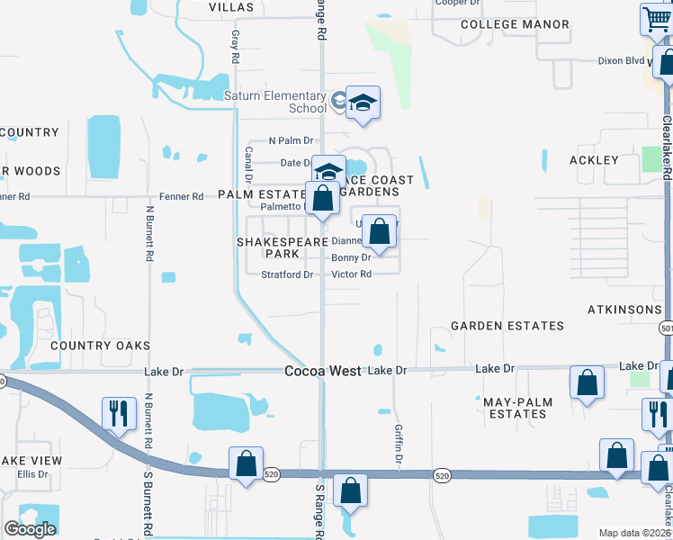 map of restaurants, bars, coffee shops, grocery stores, and more near 2484 Bonny Drive in Cocoa