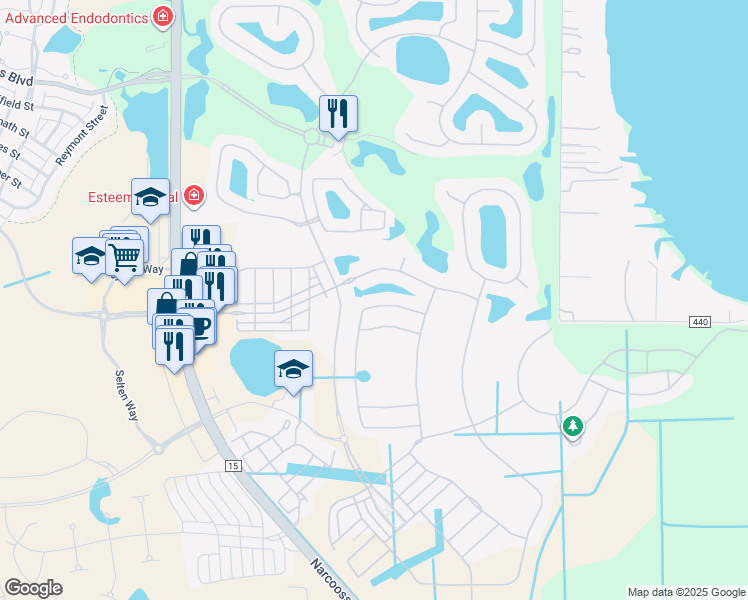 map of restaurants, bars, coffee shops, grocery stores, and more near 10338 Middlewich Drive in Orlando