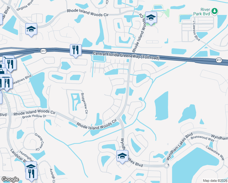 map of restaurants, bars, coffee shops, grocery stores, and more near 1532 Antigua Bay Drive in Orlando