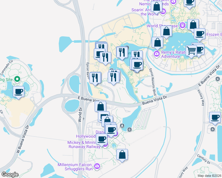map of restaurants, bars, coffee shops, grocery stores, and more near 1200 Epcot Resorts Boulevard in Kissimmee