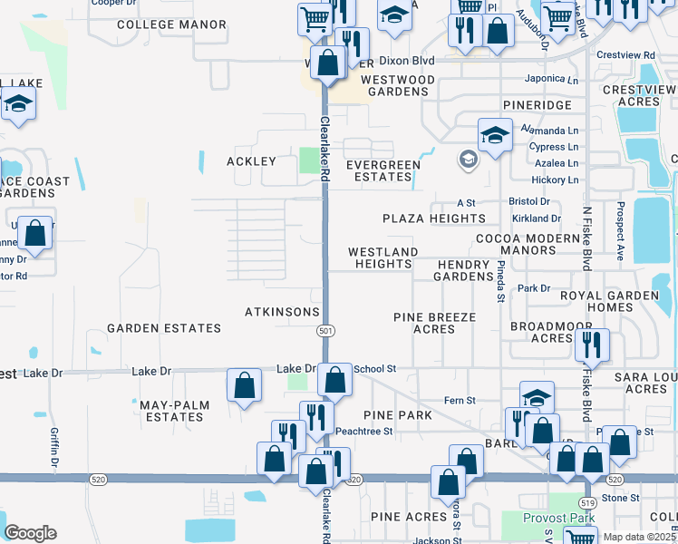 map of restaurants, bars, coffee shops, grocery stores, and more near 1517 Belleview Road in Cocoa