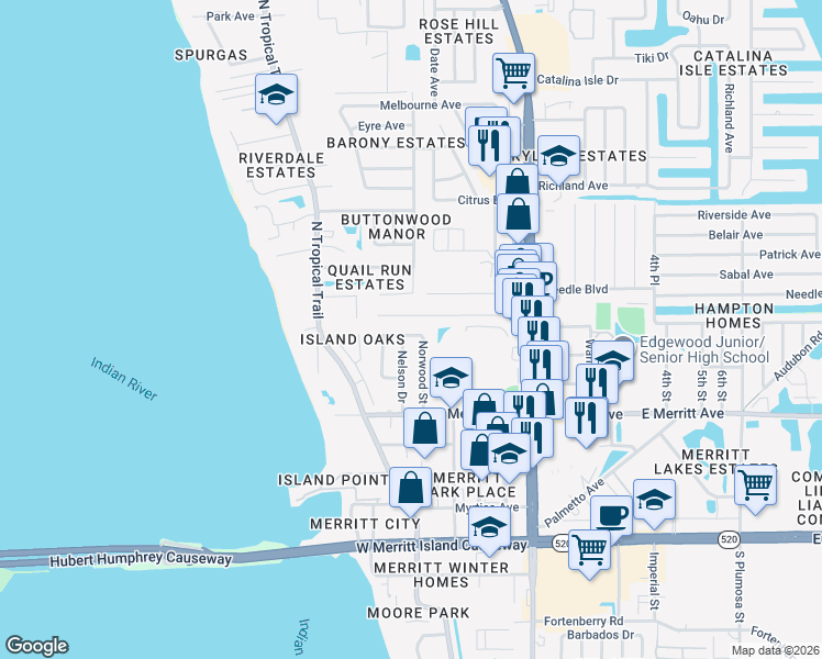 map of restaurants, bars, coffee shops, grocery stores, and more near 200 Lura Lane in Merritt Island