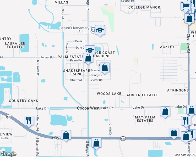 map of restaurants, bars, coffee shops, grocery stores, and more near 2484 Bonny Drive in Cocoa