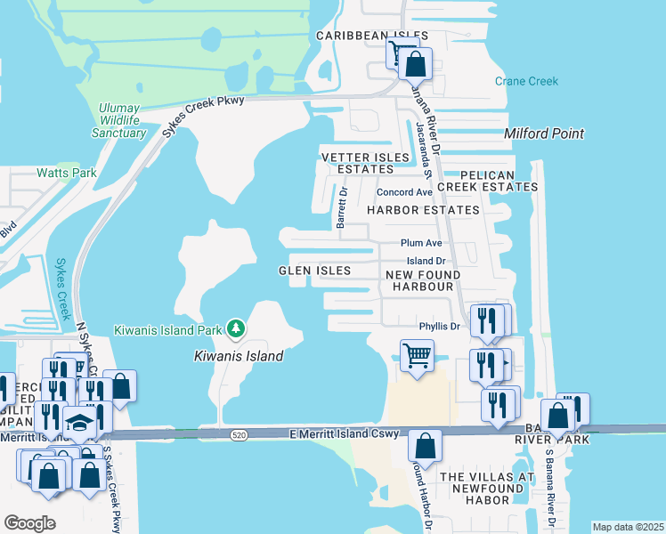 map of restaurants, bars, coffee shops, grocery stores, and more near 1321 Island Drive in Merritt Island