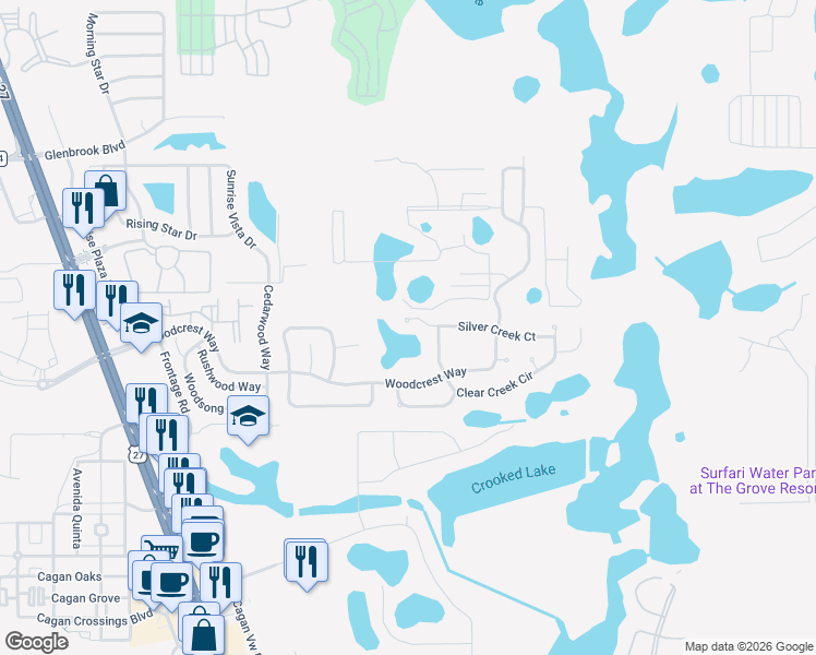 map of restaurants, bars, coffee shops, grocery stores, and more near 17303 Hidden Forest Drive in Clermont