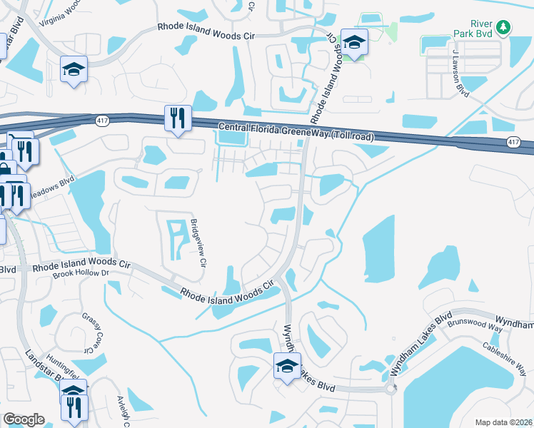 map of restaurants, bars, coffee shops, grocery stores, and more near 1532 Antigua Bay Drive in Orlando