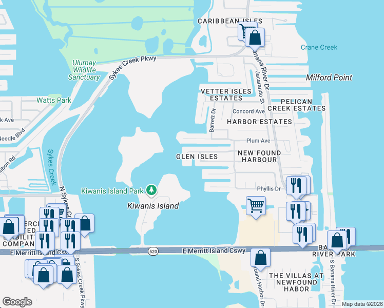 map of restaurants, bars, coffee shops, grocery stores, and more near 1275 Island Drive in Merritt Island