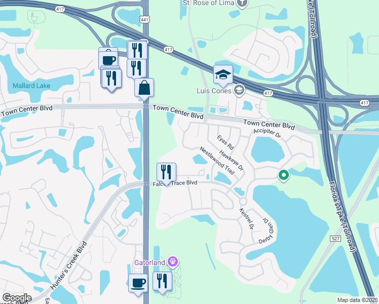 map of restaurants, bars, coffee shops, grocery stores, and more near 1701 Nestlewood Trail in Orlando