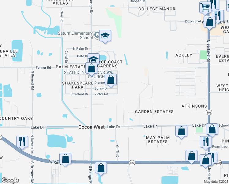 map of restaurants, bars, coffee shops, grocery stores, and more near 2417 Victor Road in Cocoa
