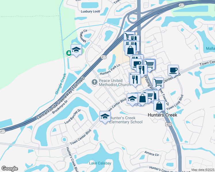 map of restaurants, bars, coffee shops, grocery stores, and more near 4450 Urbana Drive in Orlando