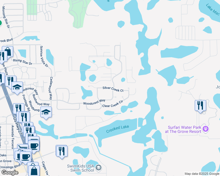 map of restaurants, bars, coffee shops, grocery stores, and more near 1148 Silver Creek Court in Clermont
