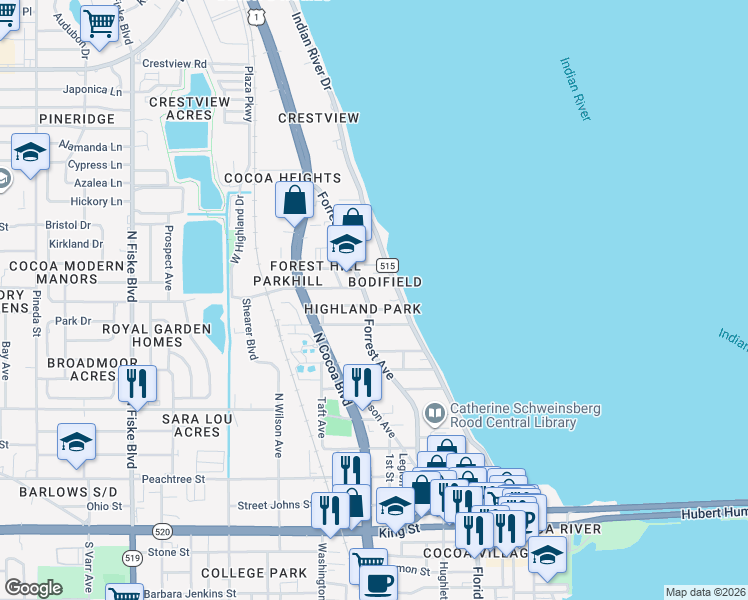map of restaurants, bars, coffee shops, grocery stores, and more near 713 Indian River Drive in Cocoa