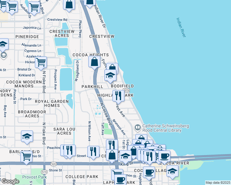 map of restaurants, bars, coffee shops, grocery stores, and more near 807 Forrest Avenue in Cocoa