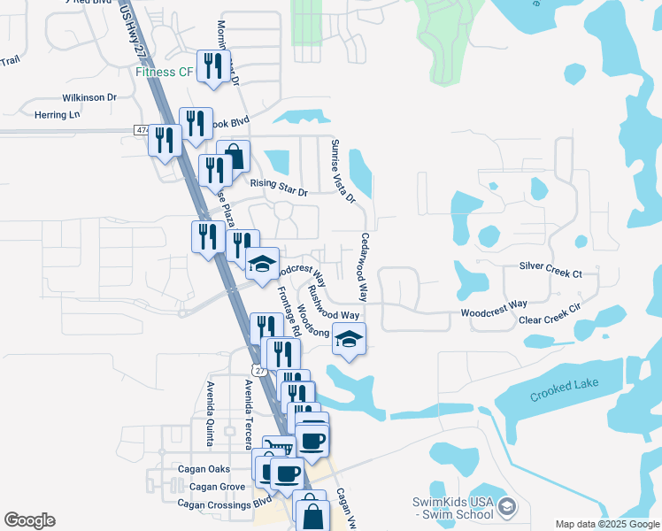 map of restaurants, bars, coffee shops, grocery stores, and more near 16803 Sarahs Place in Clermont