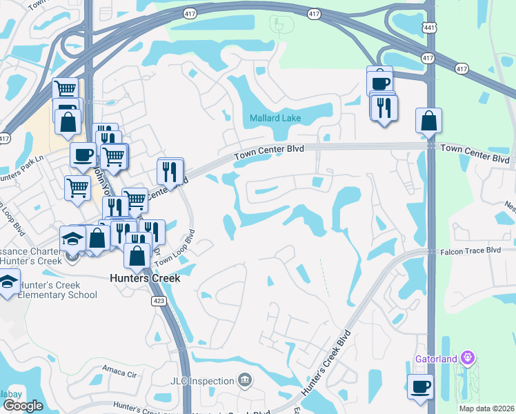map of restaurants, bars, coffee shops, grocery stores, and more near 2614 Runyon Circle in Orlando