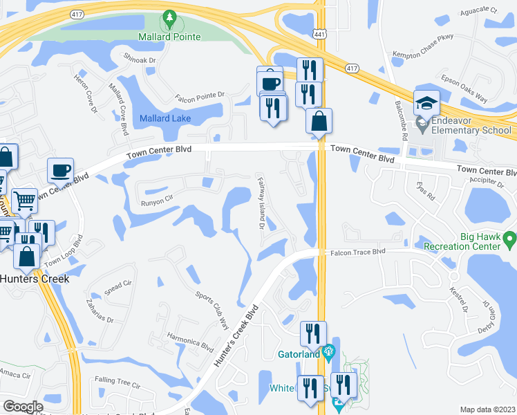 map of restaurants, bars, coffee shops, grocery stores, and more near 13917 Fairway Island Drive in Orlando