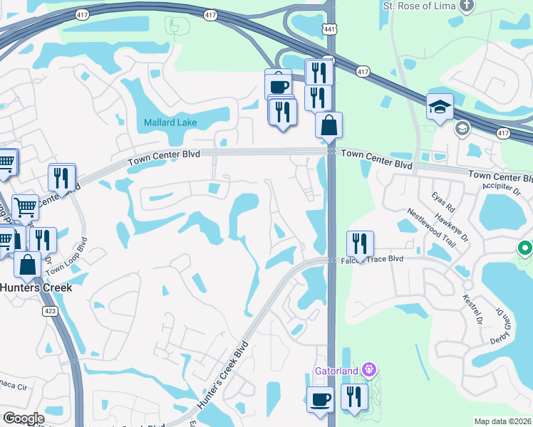 map of restaurants, bars, coffee shops, grocery stores, and more near 13929 Fairway Island Drive in Orlando