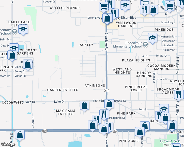 map of restaurants, bars, coffee shops, grocery stores, and more near 1668 Yellowstone Street in Cocoa
