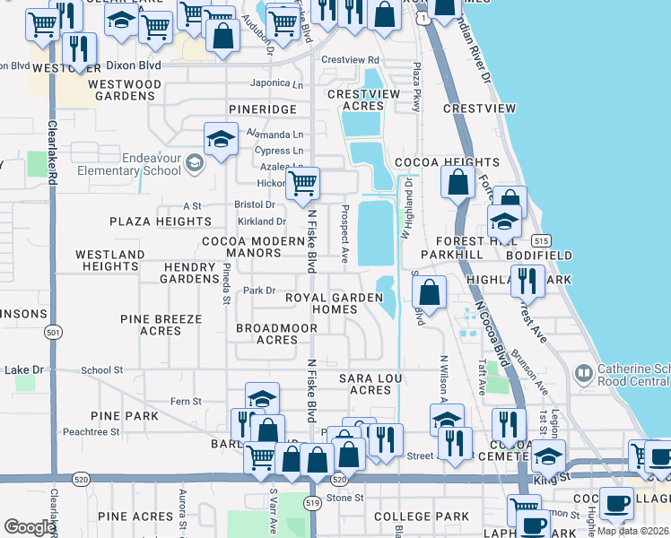 map of restaurants, bars, coffee shops, grocery stores, and more near 907 Avon Place in Cocoa