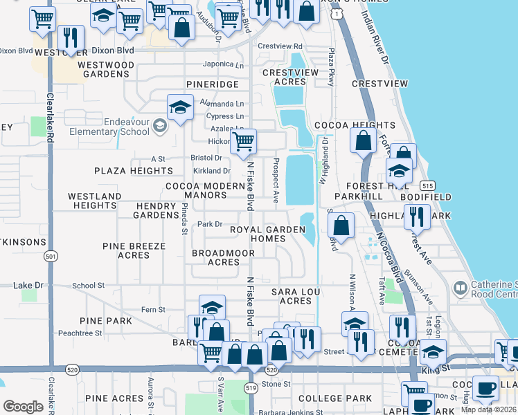 map of restaurants, bars, coffee shops, grocery stores, and more near 907 Avon Place in Cocoa